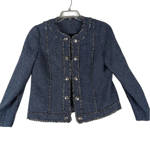 Chicos Open Front Jacket Womens Size 8 Blue Tweed Fringe Military Evening Casual - Picture 2 of 15